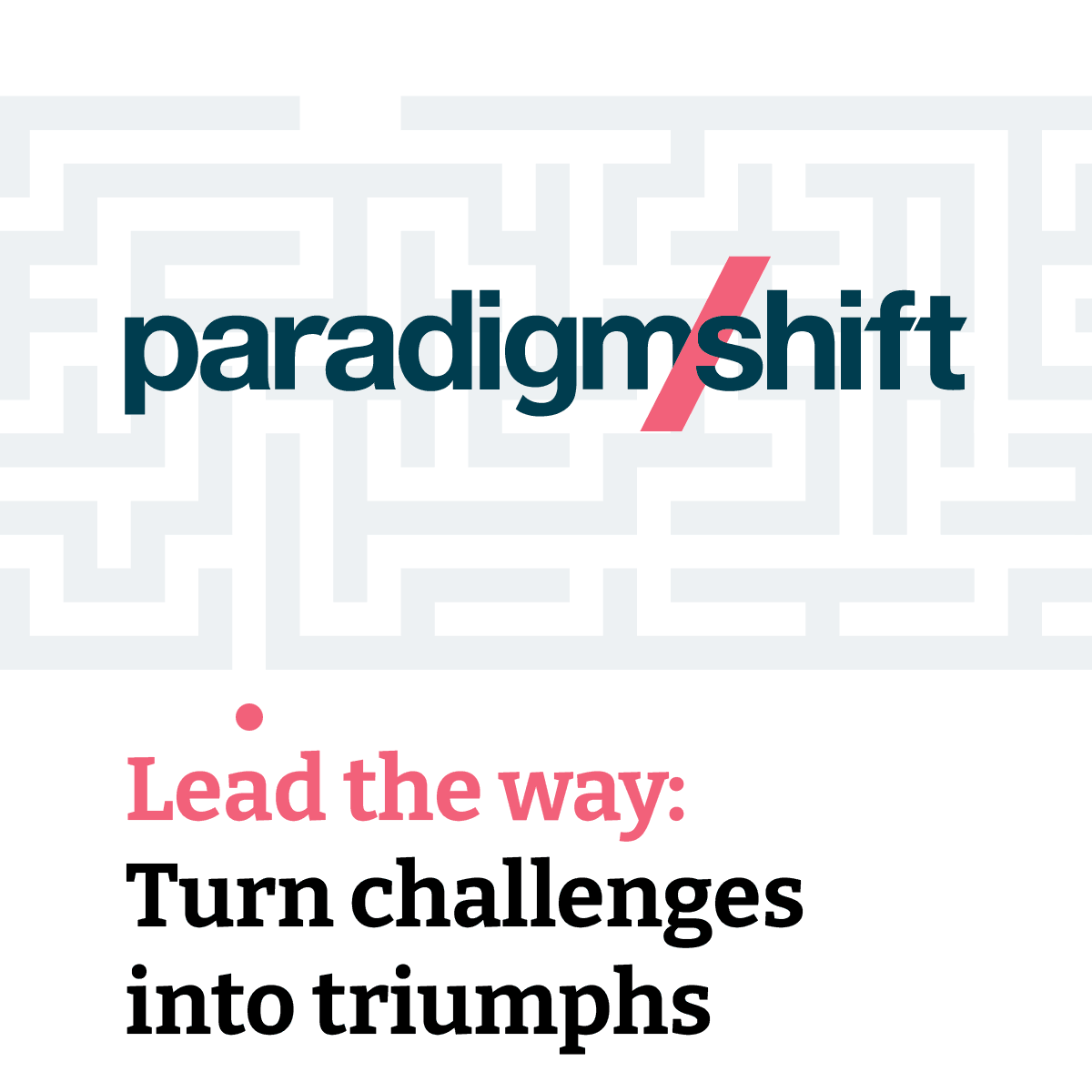 ParadigmShift logo with a background image of a maze. A small pink dot journeys through the maze, figuring out the path needed to make it to the goal. Below the maze is our theme for 2023: Take the lead: turn challenges into triumphs