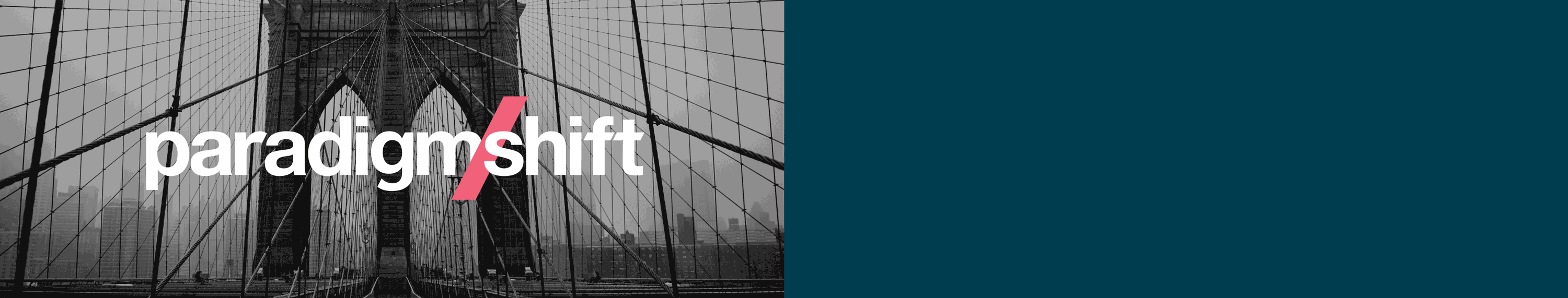 ParadigmShift logo with a background image of the Brooklyn Bridge. Next to that is a tangram puzzle with a headline featuring the theme for 2022: The power of togetherness
