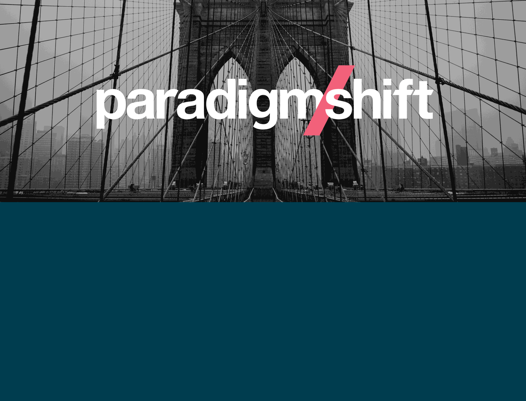 ParadigmShift logo with a background image of the Brooklyn Bridge. Next to that is a tangram puzzle with a headline featuring the theme for 2022: The power of togetherness
