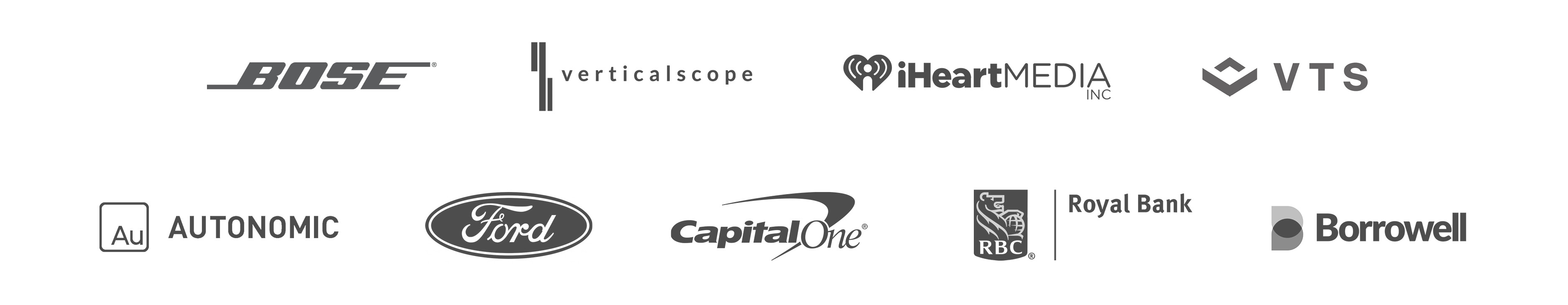 Logo portfolio: Bose, Verticalscope, iHeart Media Inc, VTS, Autonomic, Ford, Capital One, Royal Bank and Borrowell logos