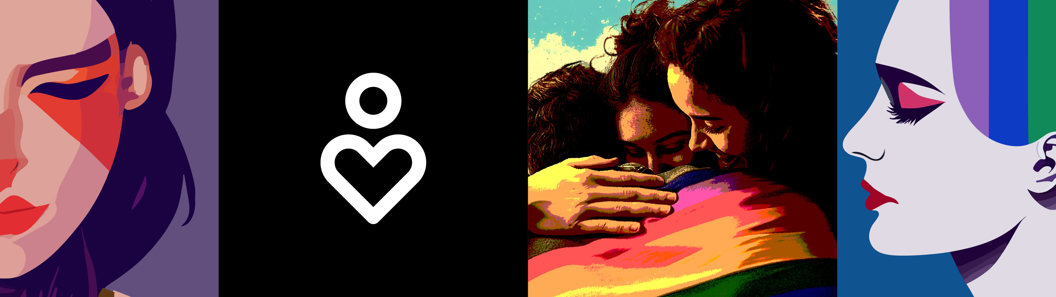 A banner of images showing rainbows on skin, a group hugging and the icon of love