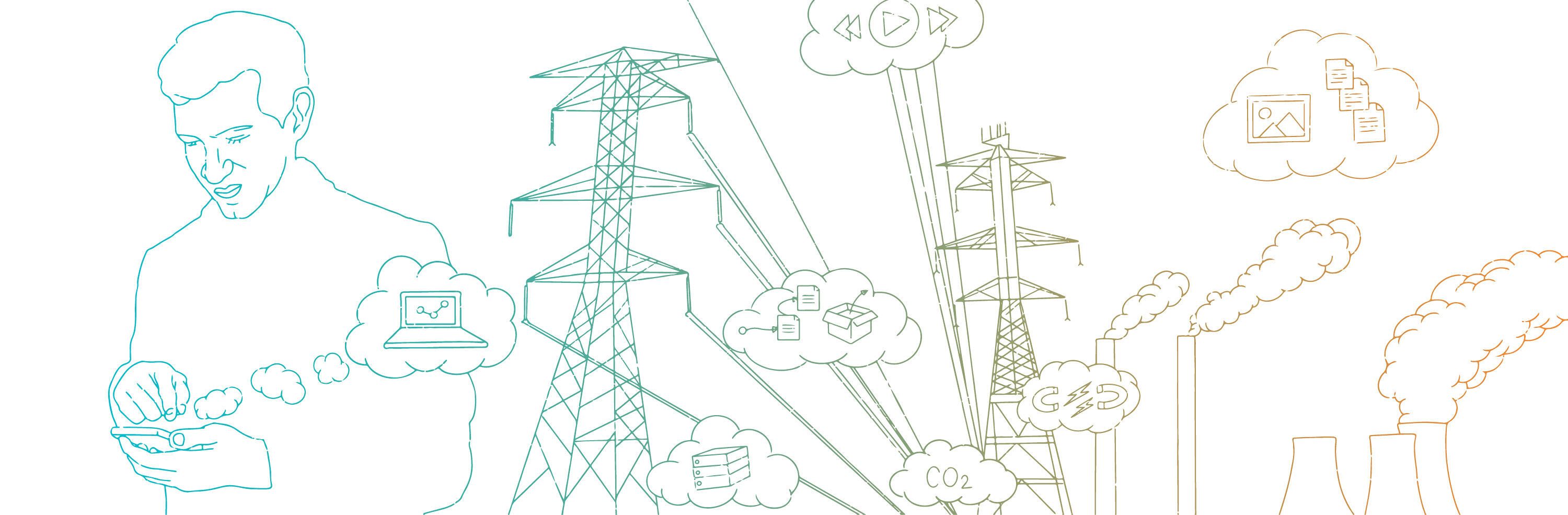 Illustration showing the carbon footprint behind a digital experience - from mobile to powerstation