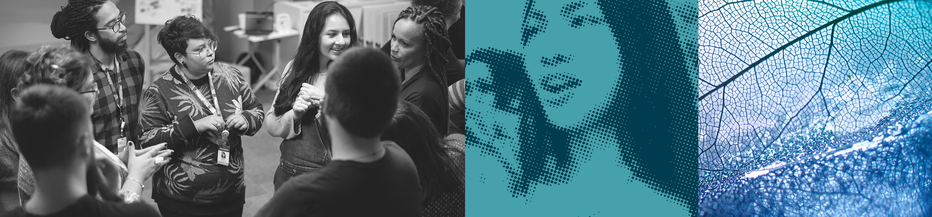 Decorative image panel: black and white photo of a group of Brazilian Thoughtworkers in a stand up, a pixellated image of a woman raising her voice, a close up of a skeletal leaf