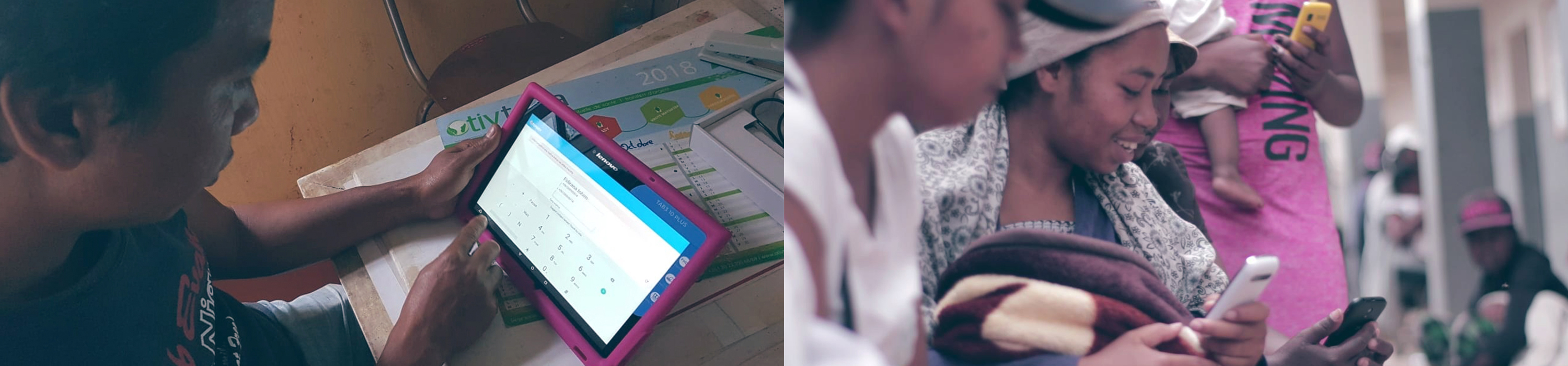 Fotografías de la aplicación mTomady en funcionamiento: madres con recién nacidos utilizando su monedero móvil para pagar los servicios Fotografías de la aplicación mTomady en funcionamiento: madres con recién nacidos utilizando su monedero móvil para pagar los servicios