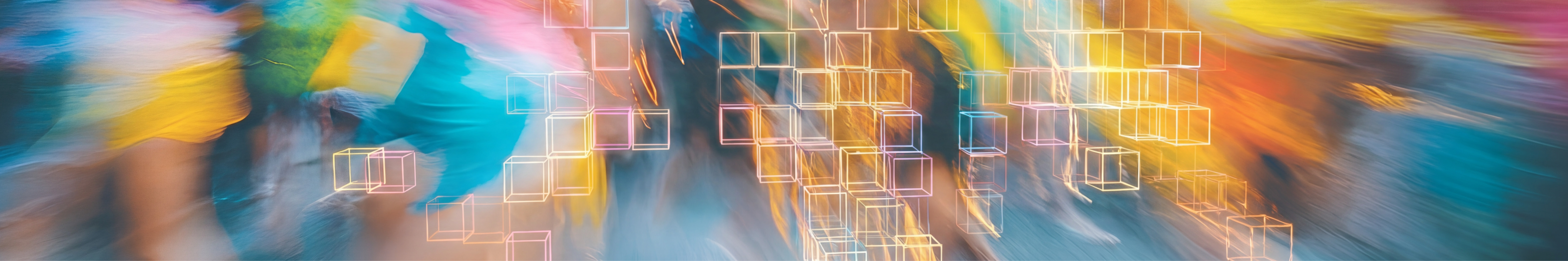 Long exposure image - blurry, but you can see people are wearing bright colours and dancing at a parade. AI cubes dance with them