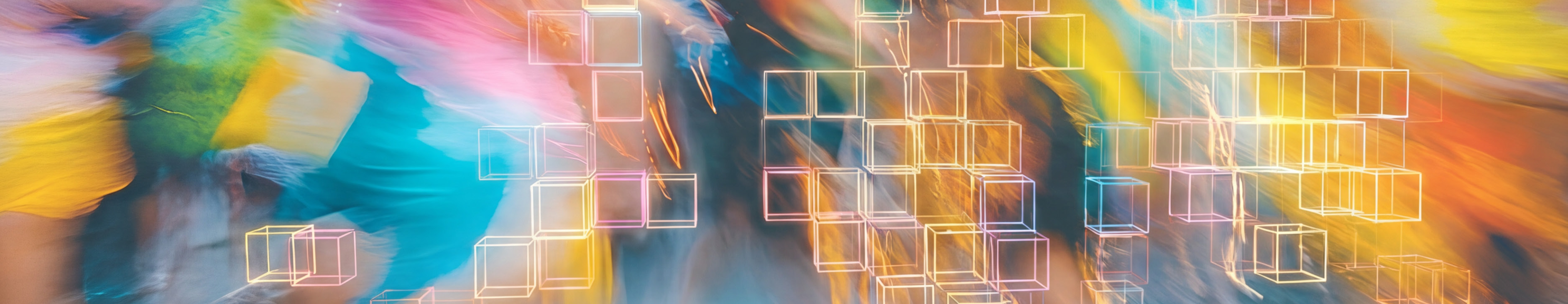 Long exposure image - blurry, but you can see people are wearing bright colours and dancing at a parade. AI cubes dance with them