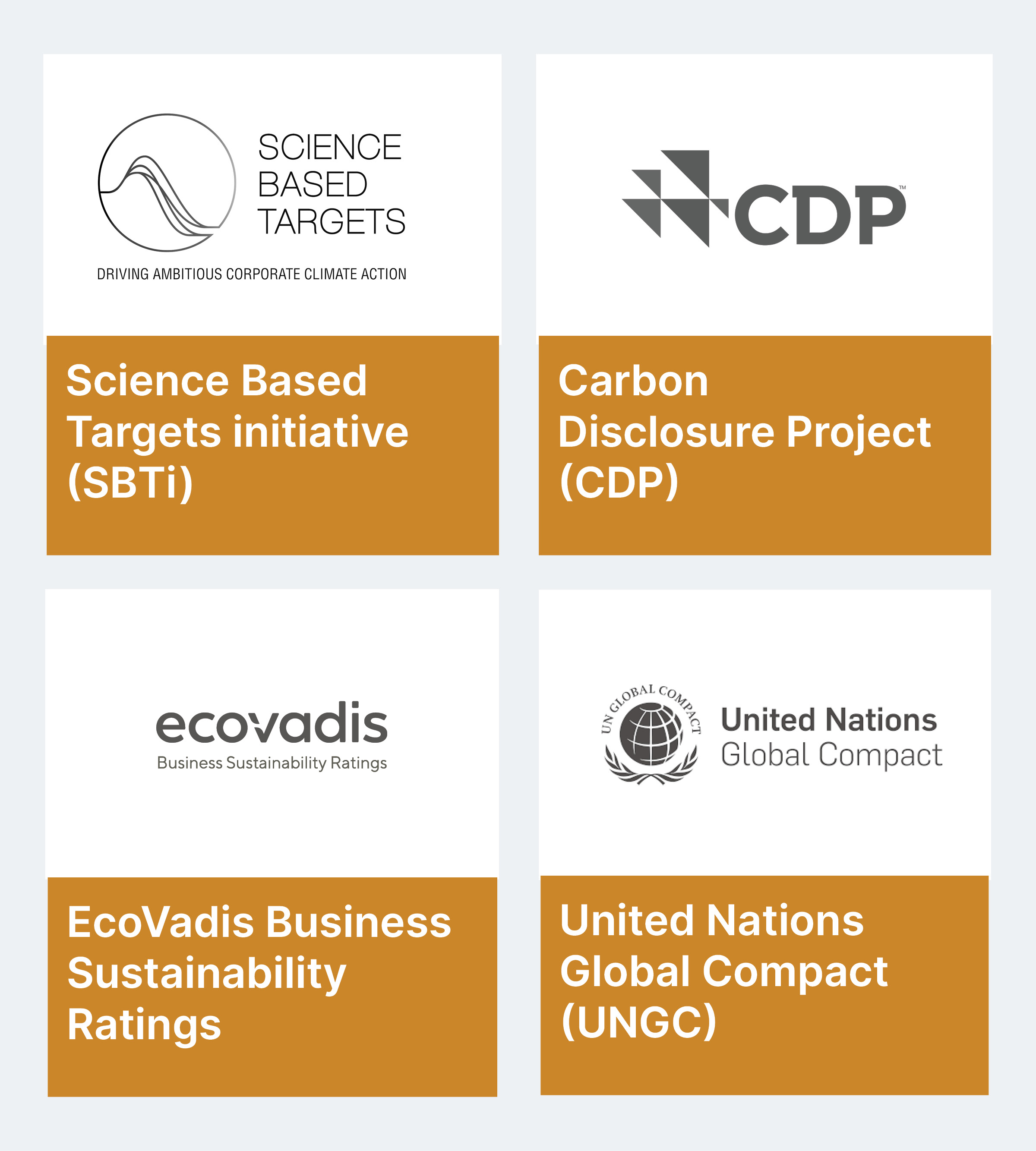 Images of the reporting frameworks and disclosures for 2025: Science Based Targets Initiative,  CDP (Carbon disclosure project), ecovadis and United Nations Global Compact.