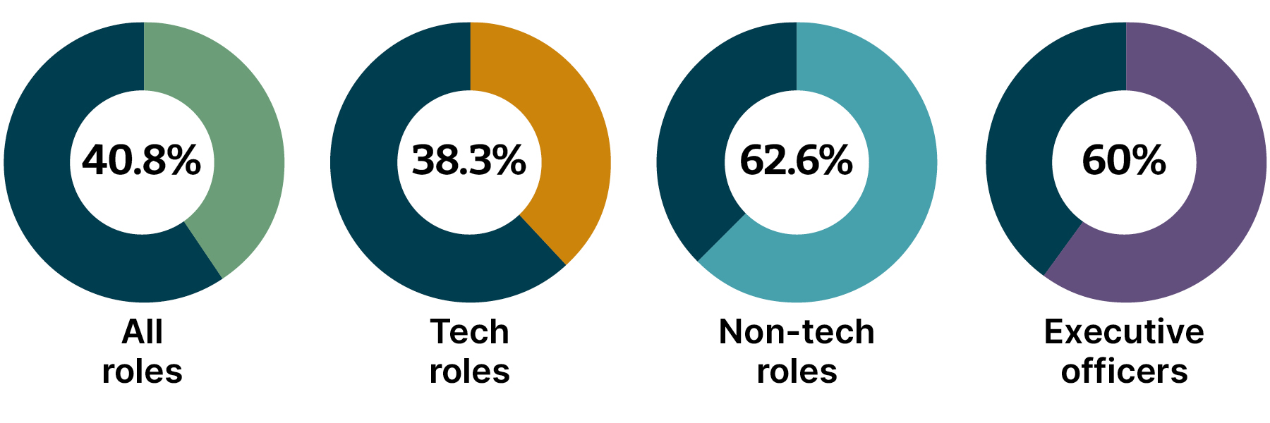 Ring charts showing the representation of WUGM at Thoughtworks: 40.8% in all roles, 38.3 in tech roles, 62.6 in non tech roles and 60% of our executive officers