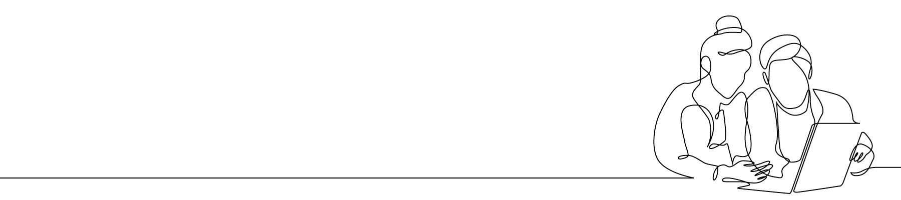 line drawing of two people sitting together looking at a laptop