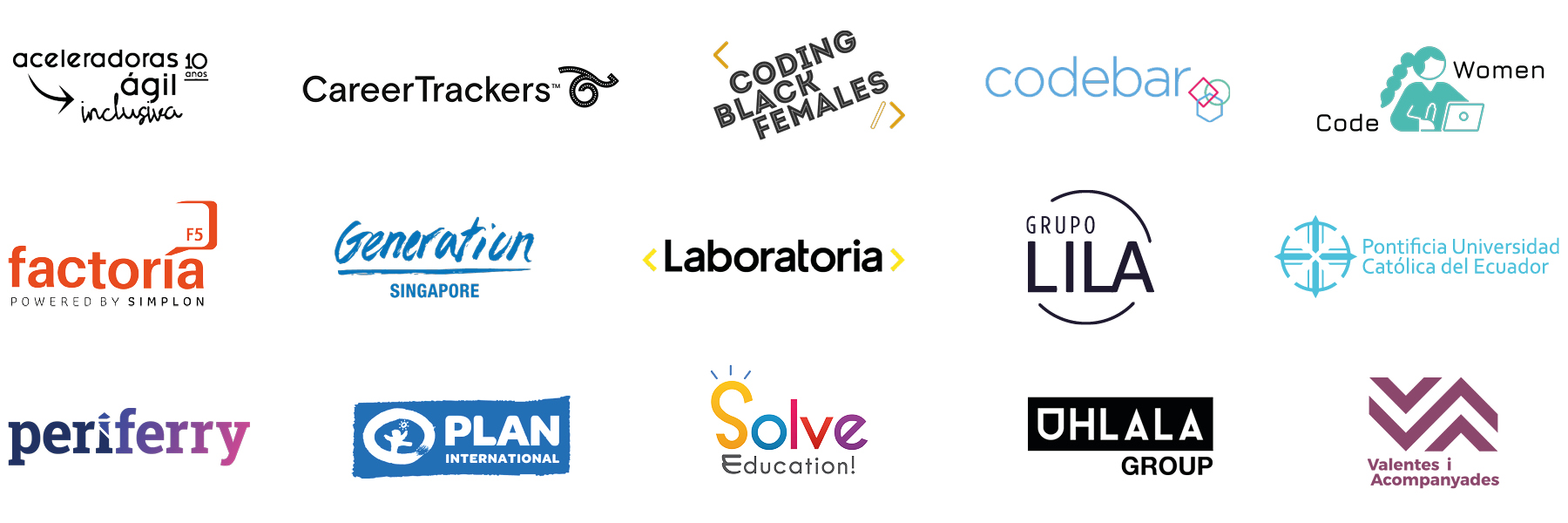 Our training partner logos: Aceleradoras, Career Trackers, Coding Black Females, Codebar, Code Women, Factoria F5, Generation Singapore, Labratoria, Grupo Lila, Catholic University of Ecuador, Periferry, Plan International, Solve Education, Uhlala Group, Valyentes 