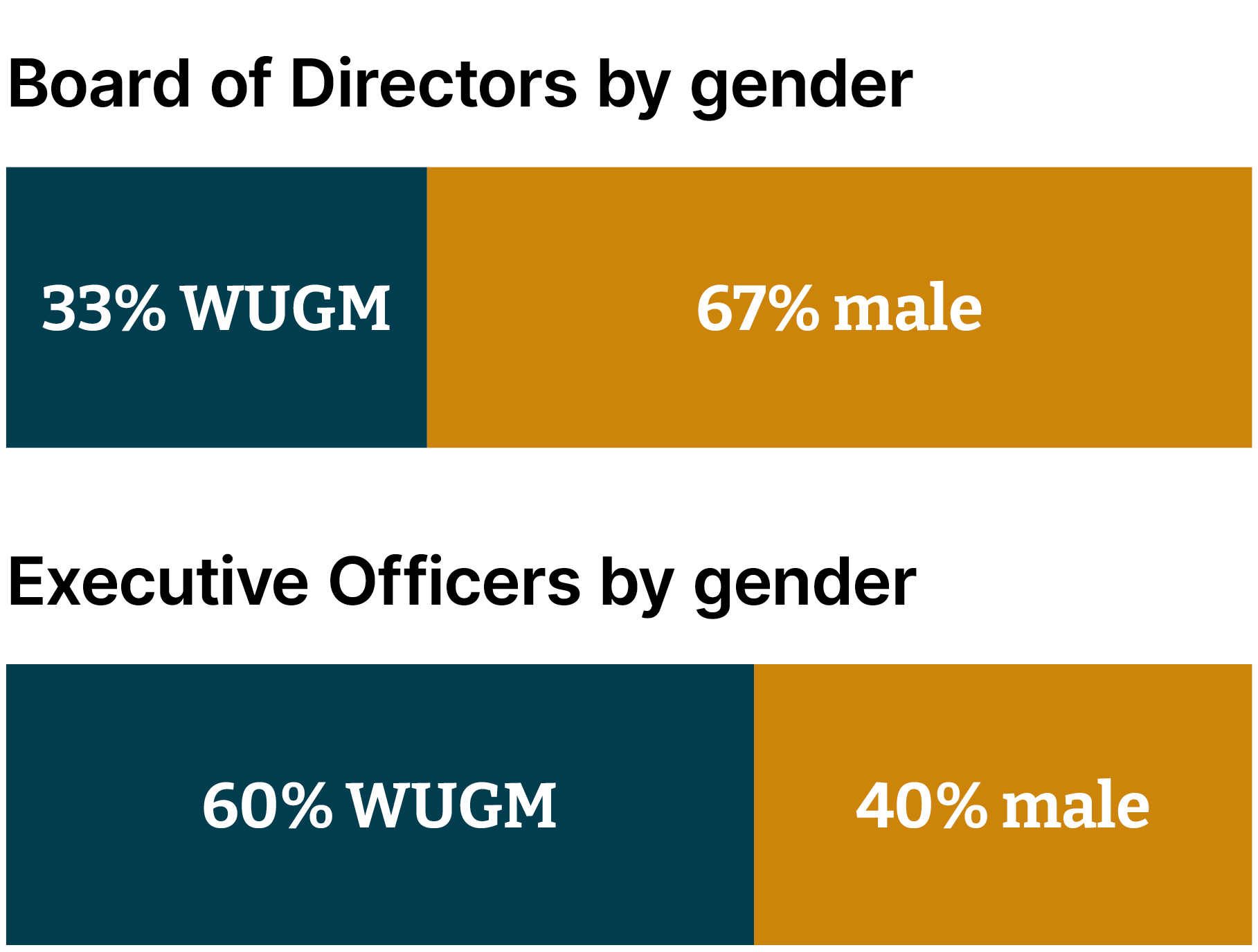 Bar graphs showing our leadership diversity: Board of directors 33% WUGM and 67% male; Executive officers 60% WUGM and 40% male