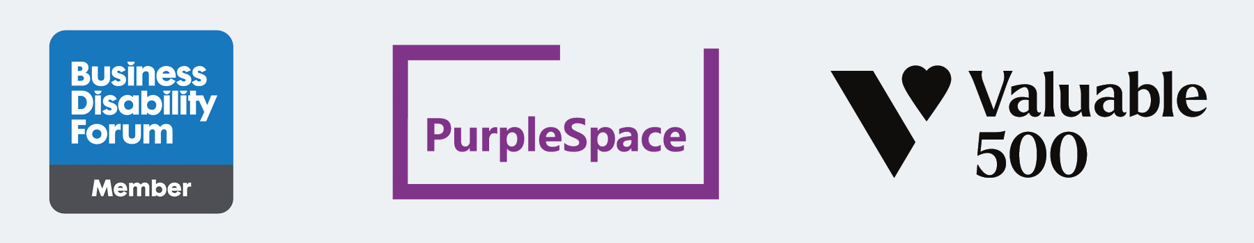 Collection of three membership logos 1: Business Disability Forum 2: Purple Space 3: Valuable 500