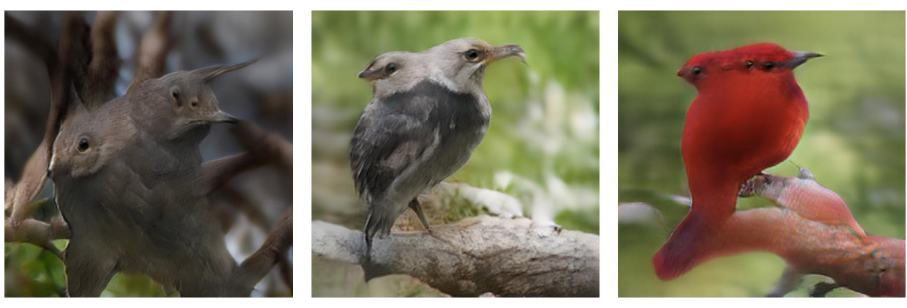 three birds created using AI, the birds appear to be looking in two directions at once with additional beaks and eyes - two of the images are brown birds with one being bright red in color