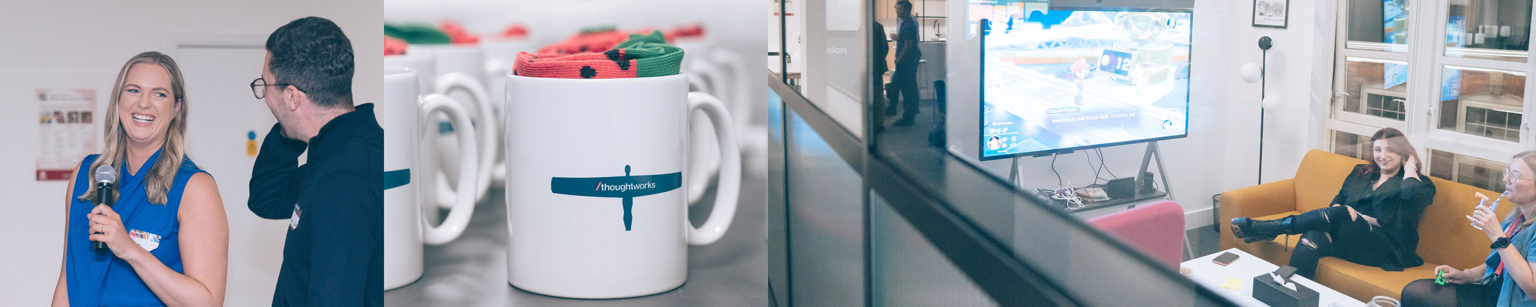 Collection of image from ThoughtWorks Newcastle. First: A women smiles at a male colleague whilst holding a microphone. Second: Mugs with the Angel of the North printed on them filled with socks. Third: Two colleagues playing video games together.