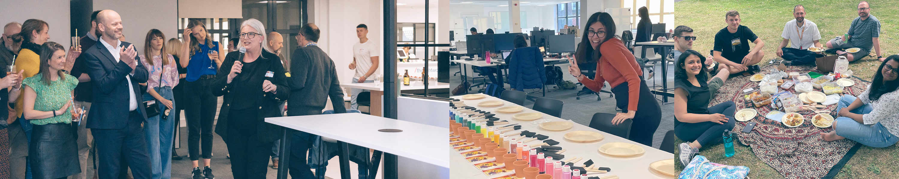 A collection of images from ThoughtWorks Newcastle. First: a group of colleagues listening to another female colleague giving a speech. Second: a happy Thoughtworker poses in front of some paint supplies. Third: a group of colleagues out for a picnic in a park.