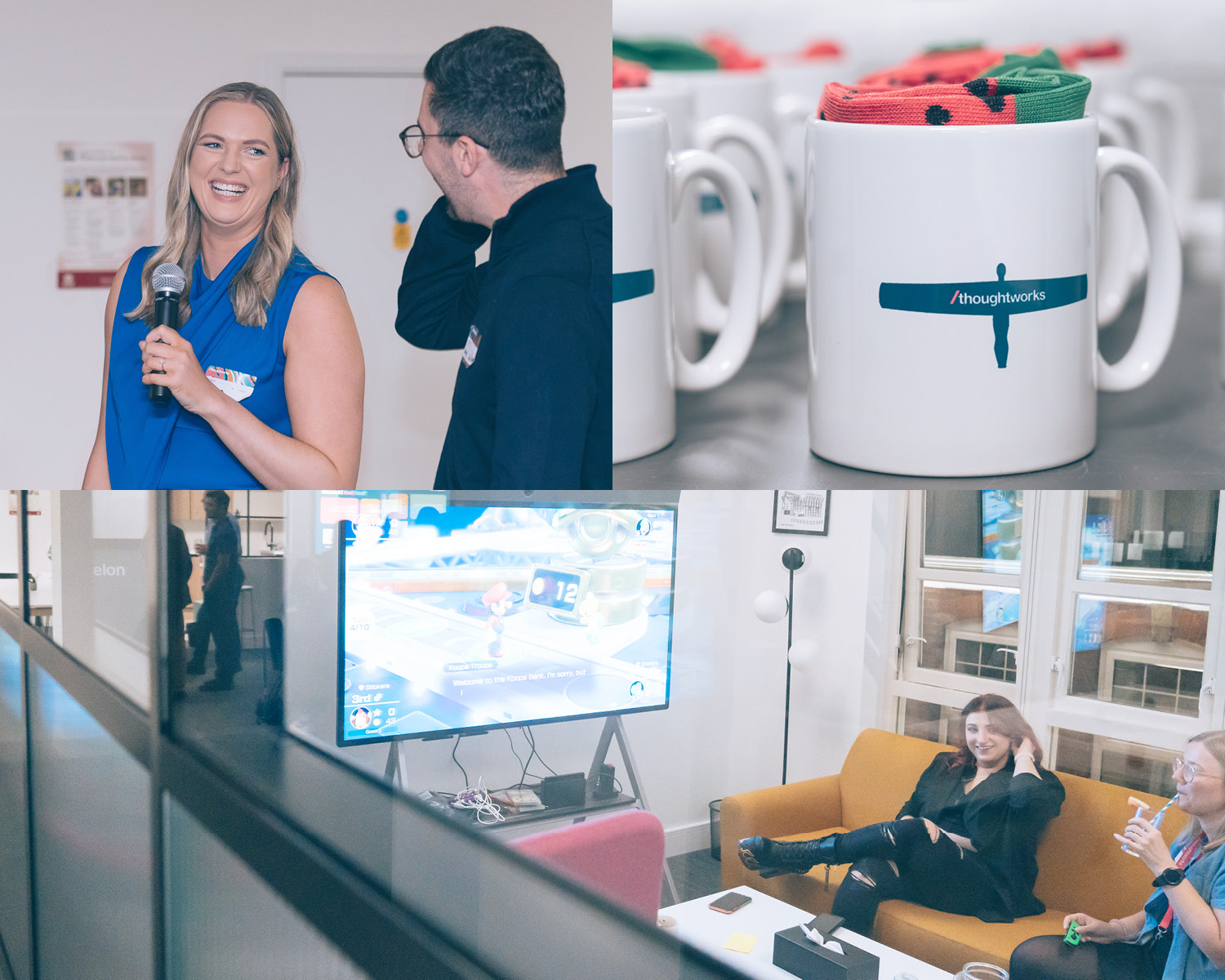 Collection of image from ThoughtWorks Newcastle. First: A women smiles at a male colleague whilst holding a microphone. Second: Mugs with the Angel of the North printed on them filled with socks. Third: Two colleagues playing video games together.