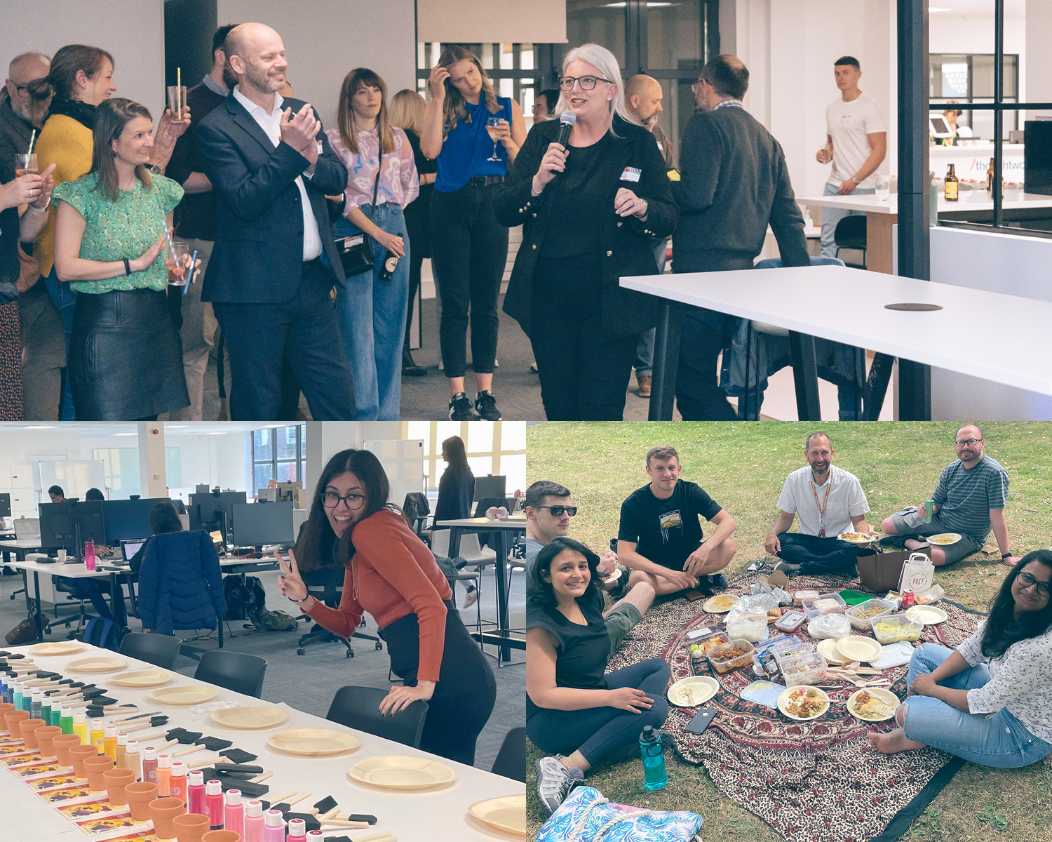 A collection of images from ThoughtWorks Newcastle. First: a group of colleagues listening to another female colleague giving a speech. Second: a happy Thoughtworker poses in front of some paint supplies. Third: a group of colleagues out for a picnic in a park.