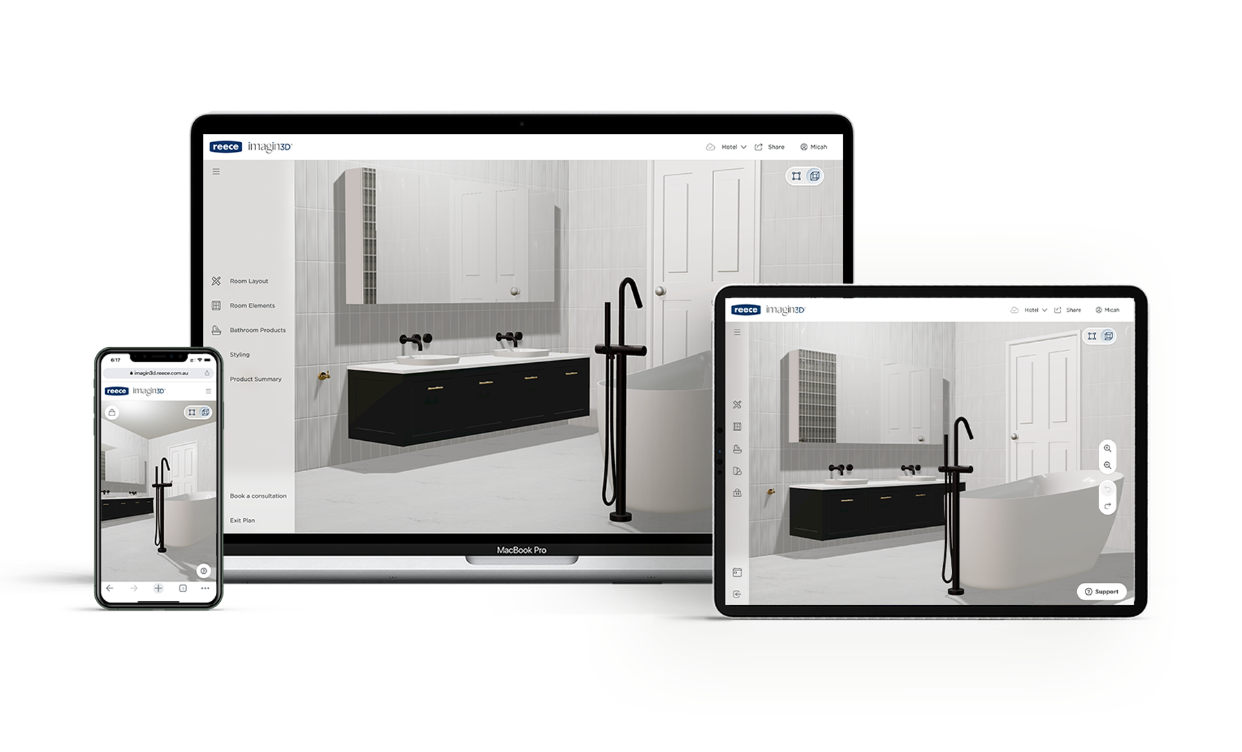 Product shot of the Reece Imagin3D tool showing the same modern black and white bathroom design on a mobile, laptop and tablet.