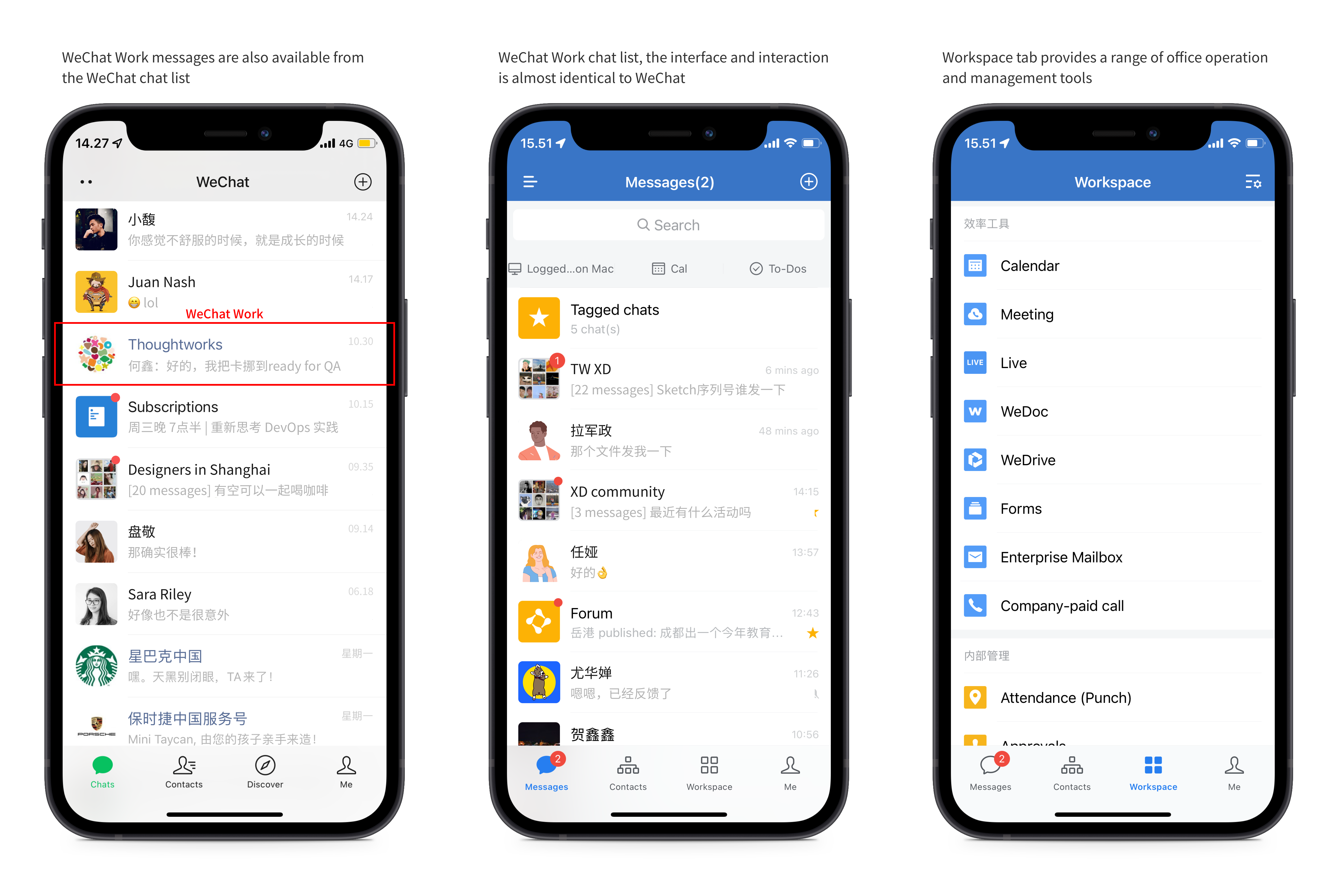 Image of 3 iphone screens with the Chat list on each screen. Image of 3 iphone screens with the Chat list on each screen.