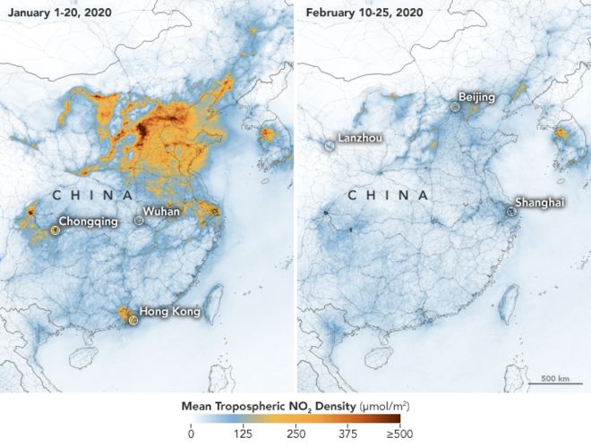Nasa image showing COVID-19-related reduction in air pollution over China
