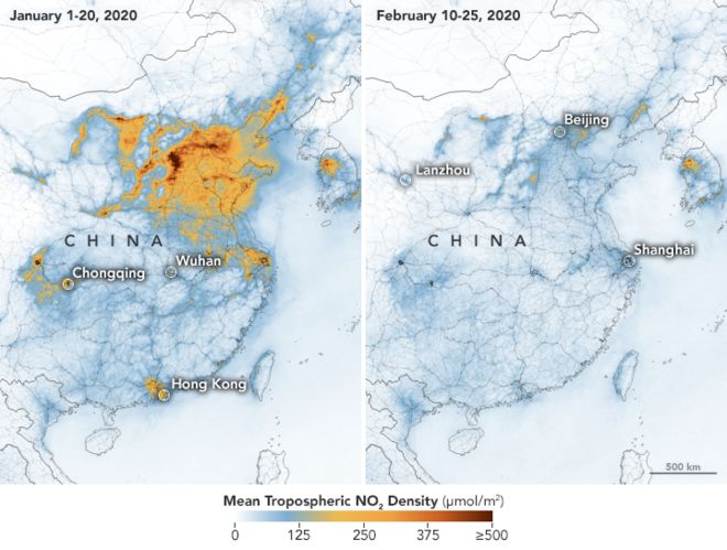 Nasa image showing COVID-19-related reduction in air pollution over China Nasa image showing COVID-19-related reduction in air pollution over China