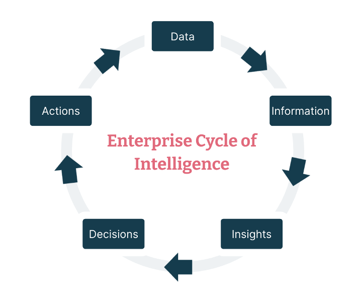 Cyclic diagram showing data to information to insights to decisions to actions with 'Enterprise Cycle of Intelligence' written in the middle