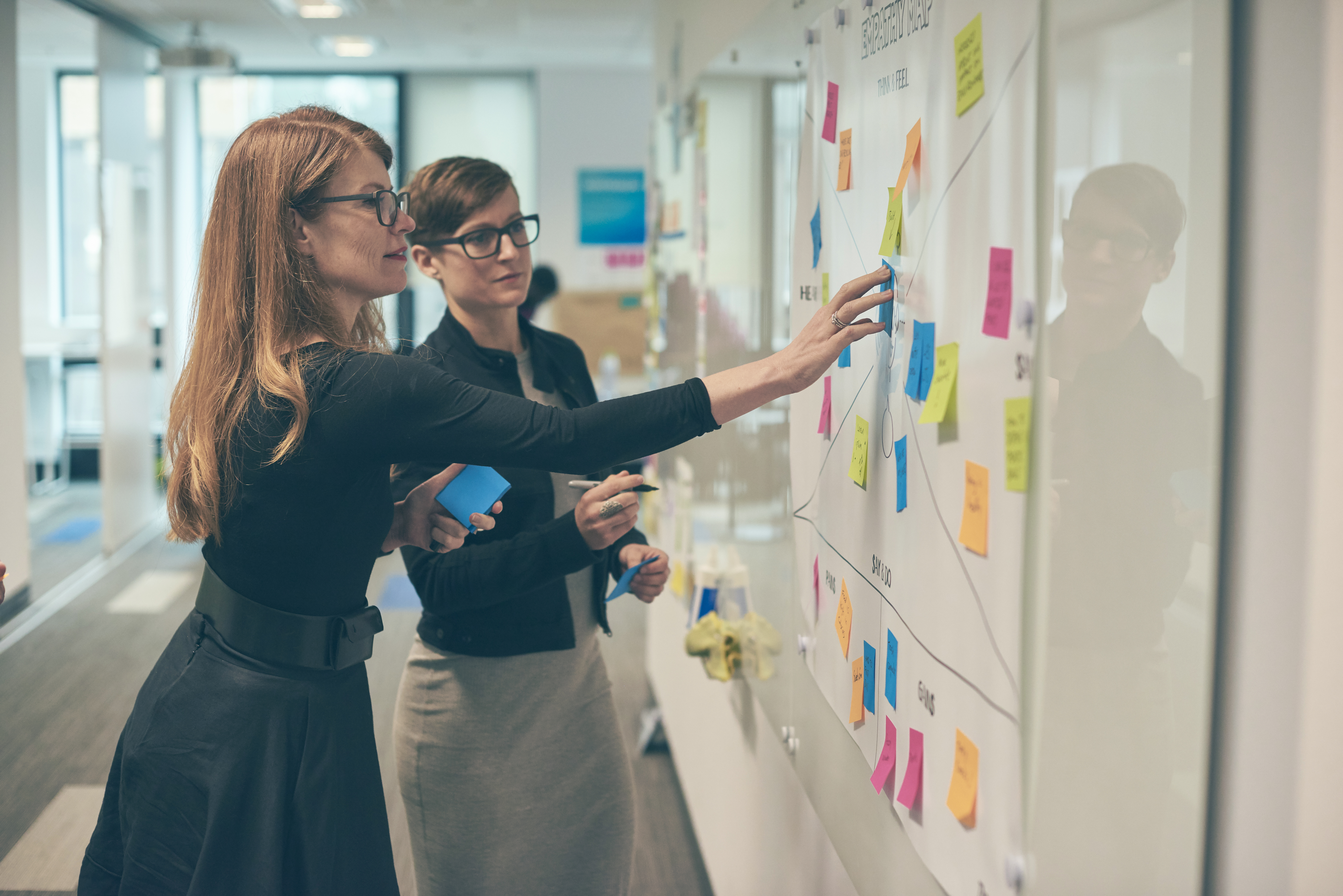 Two people in a workshop putting up cards on a whiteboard