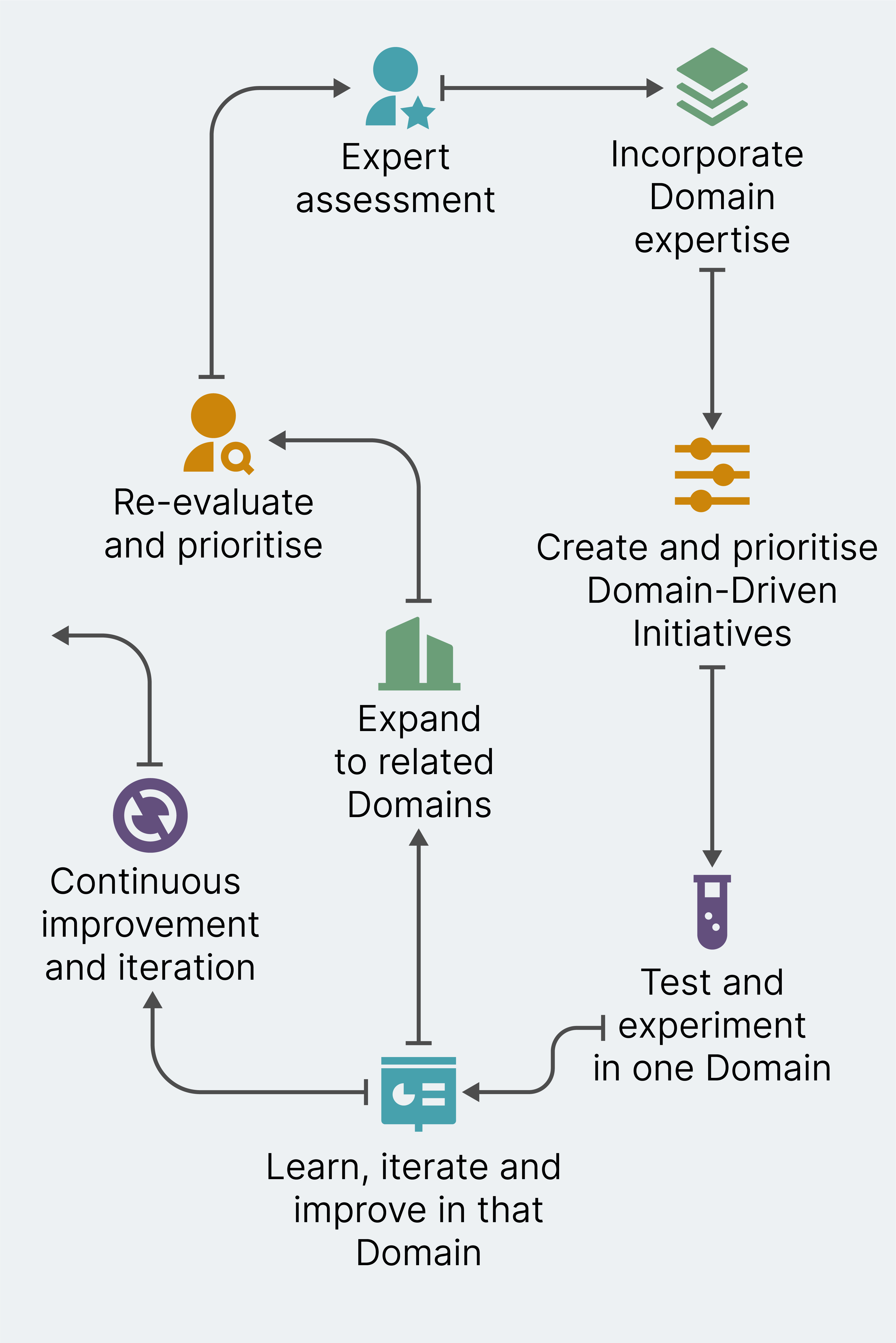 A cycle that starts in the top left with expert assessment, then moves to incorporate domain expertise, then create and prioritize domain-driven initiatives, then test & experiment in one domain, then learn, iterate, improve in that domain, then expand to related domains and then there is one arrow out of the cycle that moves on to continuous improvement and iteration and another that goes back to the expert assessment that says re-evaluate and prioritize.