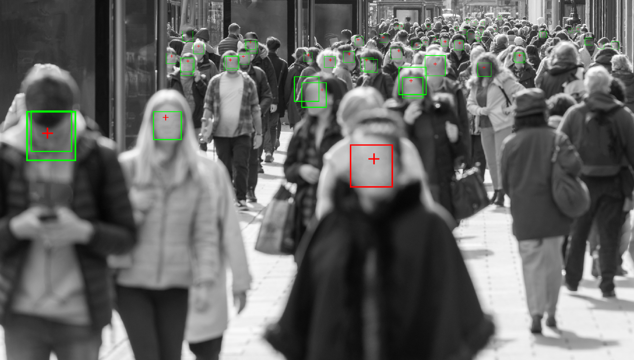 Footage from a surveillance camera showing facial recognition