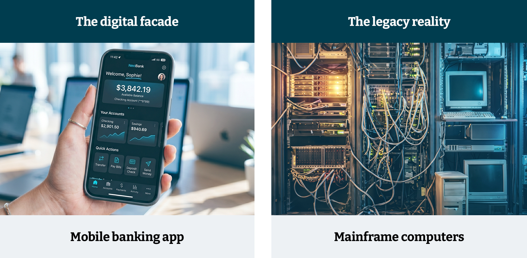 A side-by-side comparison showing a modern mobile banking app as the digital facade, contrasted with a legacy mainframe which represents the reality
