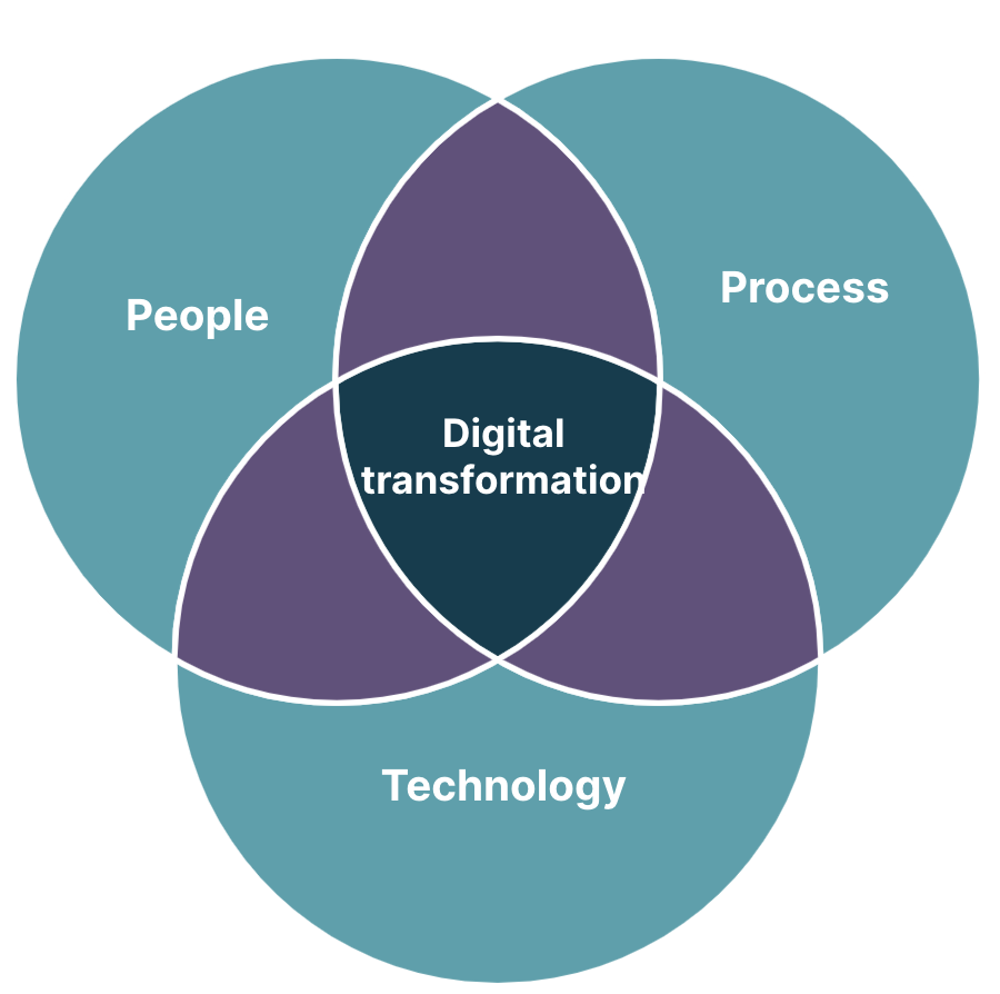 A vendiagram showing Digital transformation as the middle segment and process, people and technologies as the outer segments