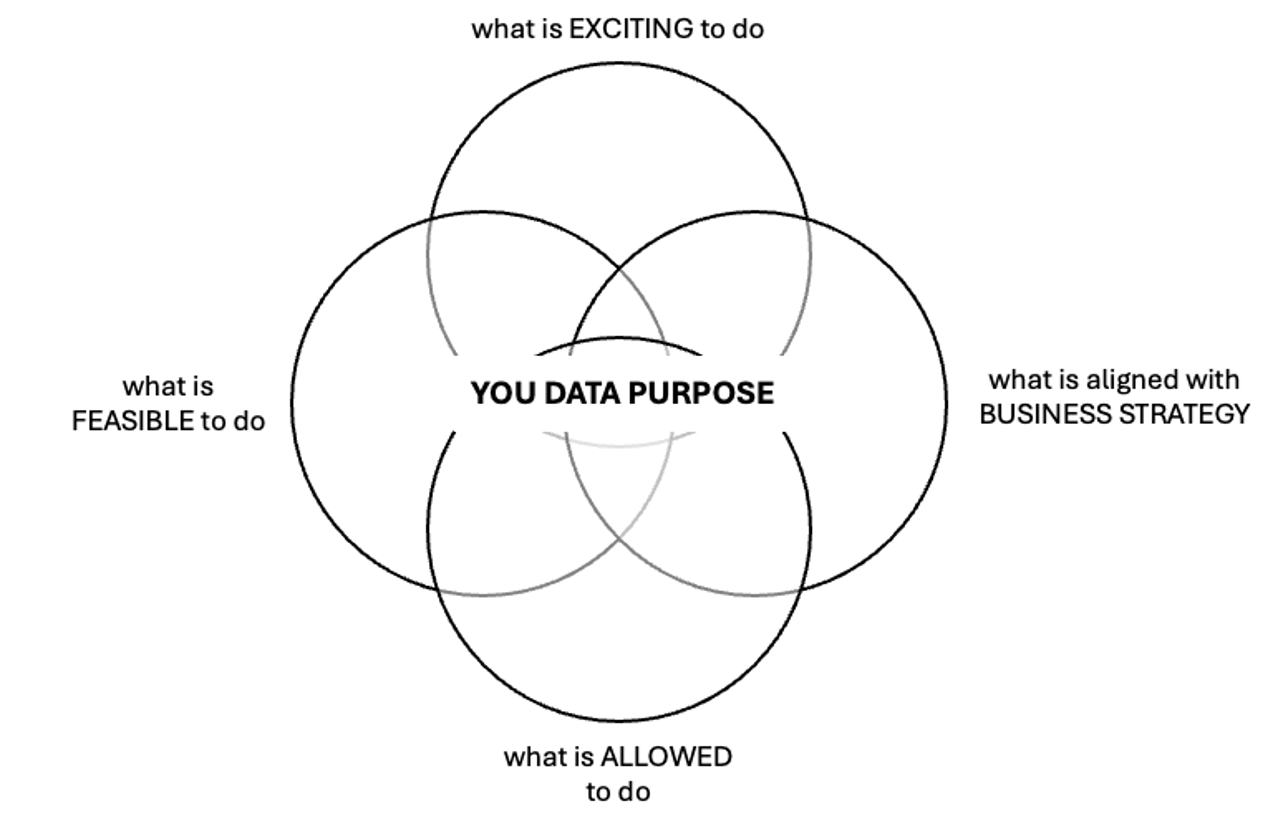 This diagram consists of four overlapping circles in a flower-like Venn diagram format. At the center where all the circles intersect, it says YOU DATA PURPOSE. This central intersection represents the convergence of the four distinct elements that surround it. The labels of the other four circles say: “What is EXCITING”, “What is ALIGNED WITH BUSINESS STRATEGY”, “What is ALLOWED” and “What is FEASIBLE”. This diagram consists of four overlapping circles in a flower-like Venn diagram format. At the center where all the circles intersect, it says YOU DATA PURPOSE. This central intersection represents the convergence of the four distinct elements that surround it. The labels of the other four circles say: “What is EXCITING”, “What is ALIGNED WITH BUSINESS STRATEGY”, “What is ALLOWED” and “What is FEASIBLE”.