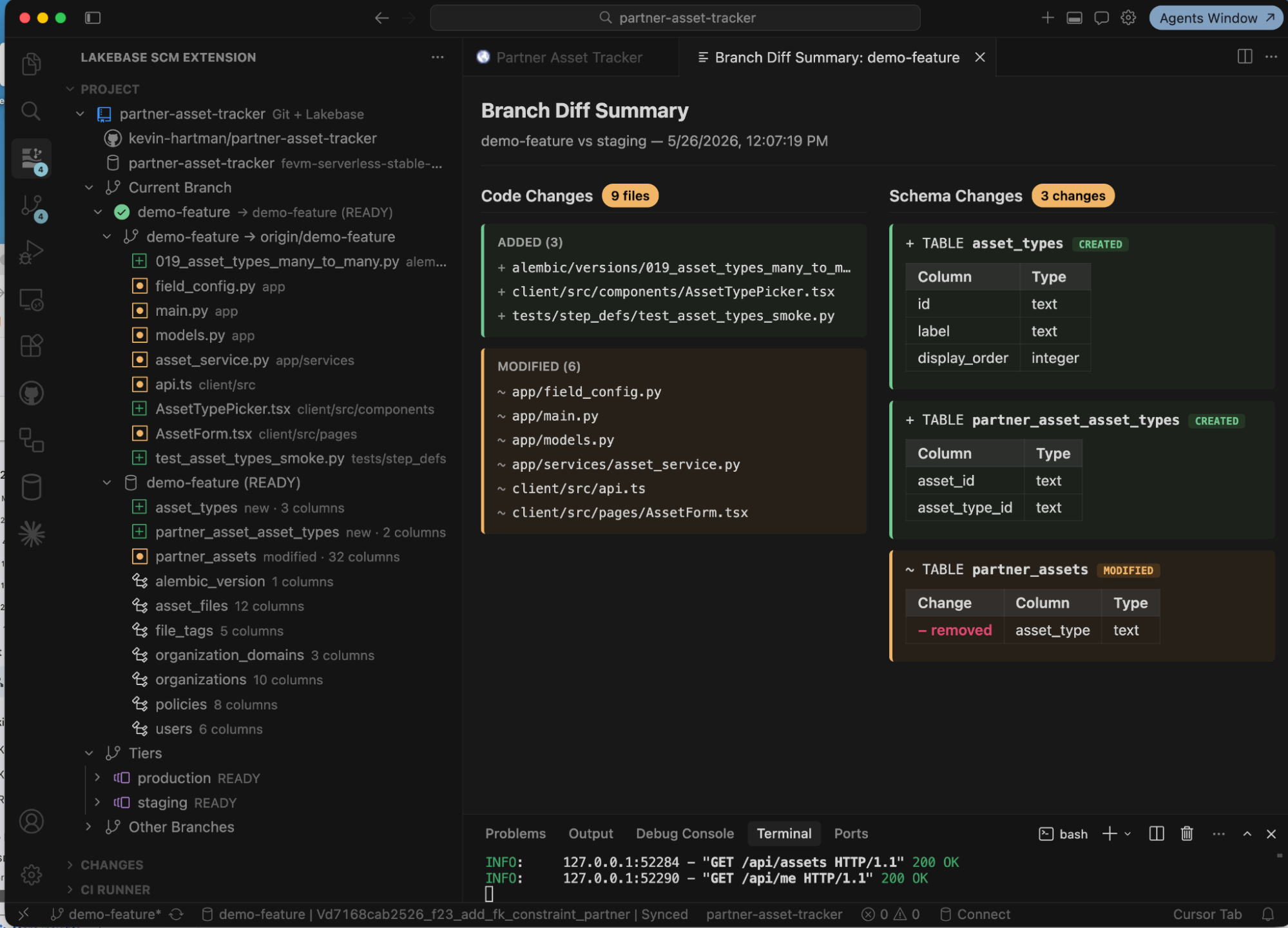 Screenshot of the Branch Diff Summary view from the Lakebase SCM Extension