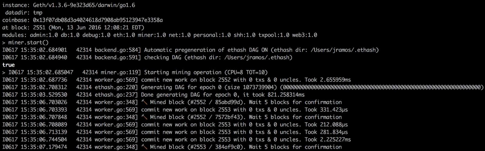 Example of what starting a blockchain node and mining blocks look like