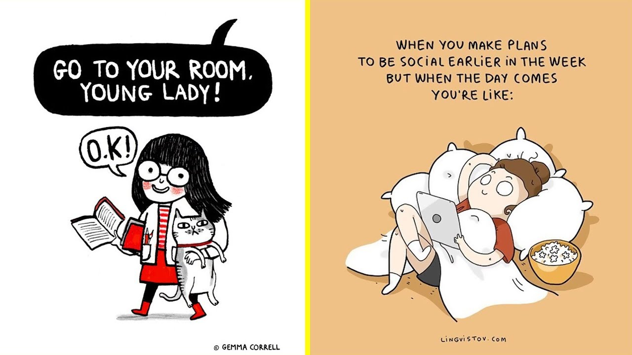 Cartoon depicting two introverts relaxing in bed and happy about going to their room