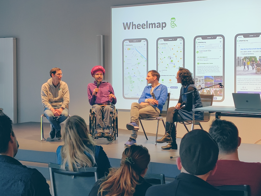 External guest speakers Holger Dieterich, Djamal Okoko and Benjamin Pardowitz and Thoughtworks’ Minette Mangahas on stage at the Global Accessibility Awareness Day meetup in Berlin.