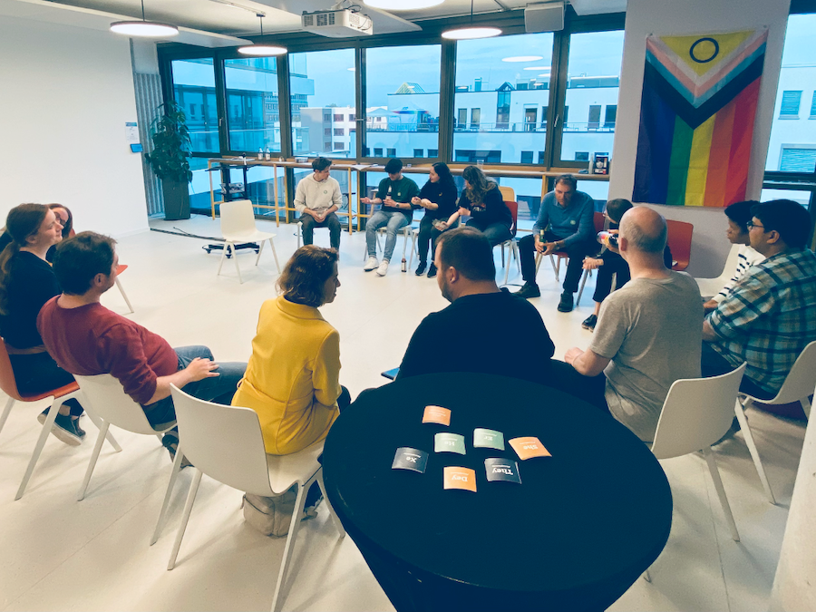 The inclusive design workshop group in Stuttgart taking a short break for snacks, refreshments and interesting discussion about inclusion.