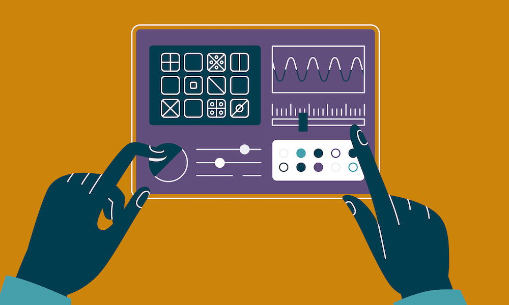 illustration of hands working on a computer screen using dials and the screen