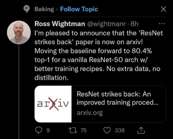 A tweet referencing a vanilla AI algorithm incorrectly tagged under the topic of 'baking'