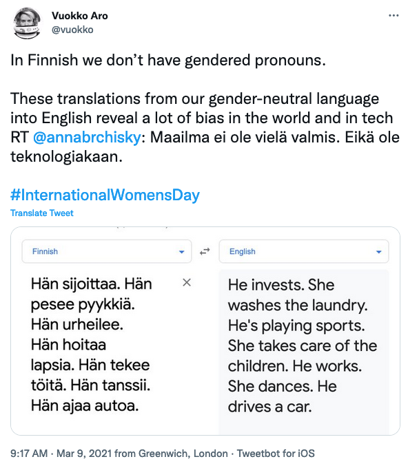 screenshot of a translated tweet from Finish to English.