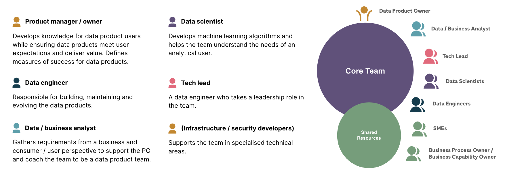 Setup of a dadta product team, with a product manager, data engineer, data analyst, data scientist, tech lead, instrastructure / security developers