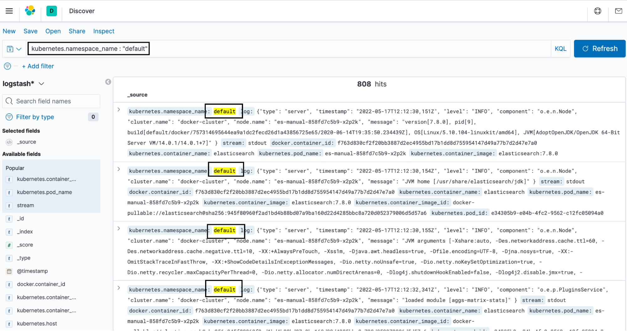 k8s container log