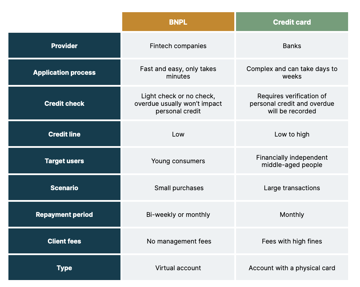 Differences between BNPL and credit cards