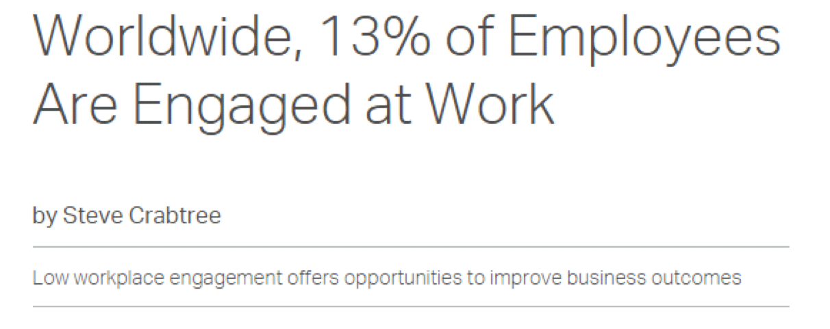 O site Gallup publicou em 2013 um relatório sobre ambientes de trabalho em todo o mundo, destacando que apenas 13% das pessoas estavam envolvidas e comprometidas com o trabalho.
