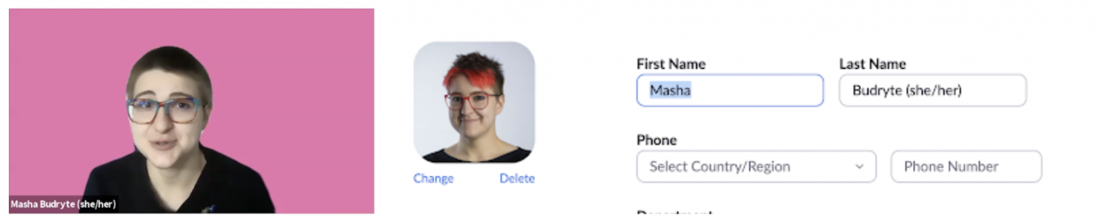 Image of Masha's zoom name, and how to add your gender to your Zoom id