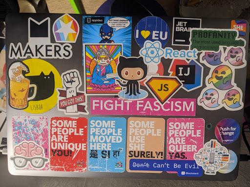 Photo of Masha's laptop with many pronouns stickers