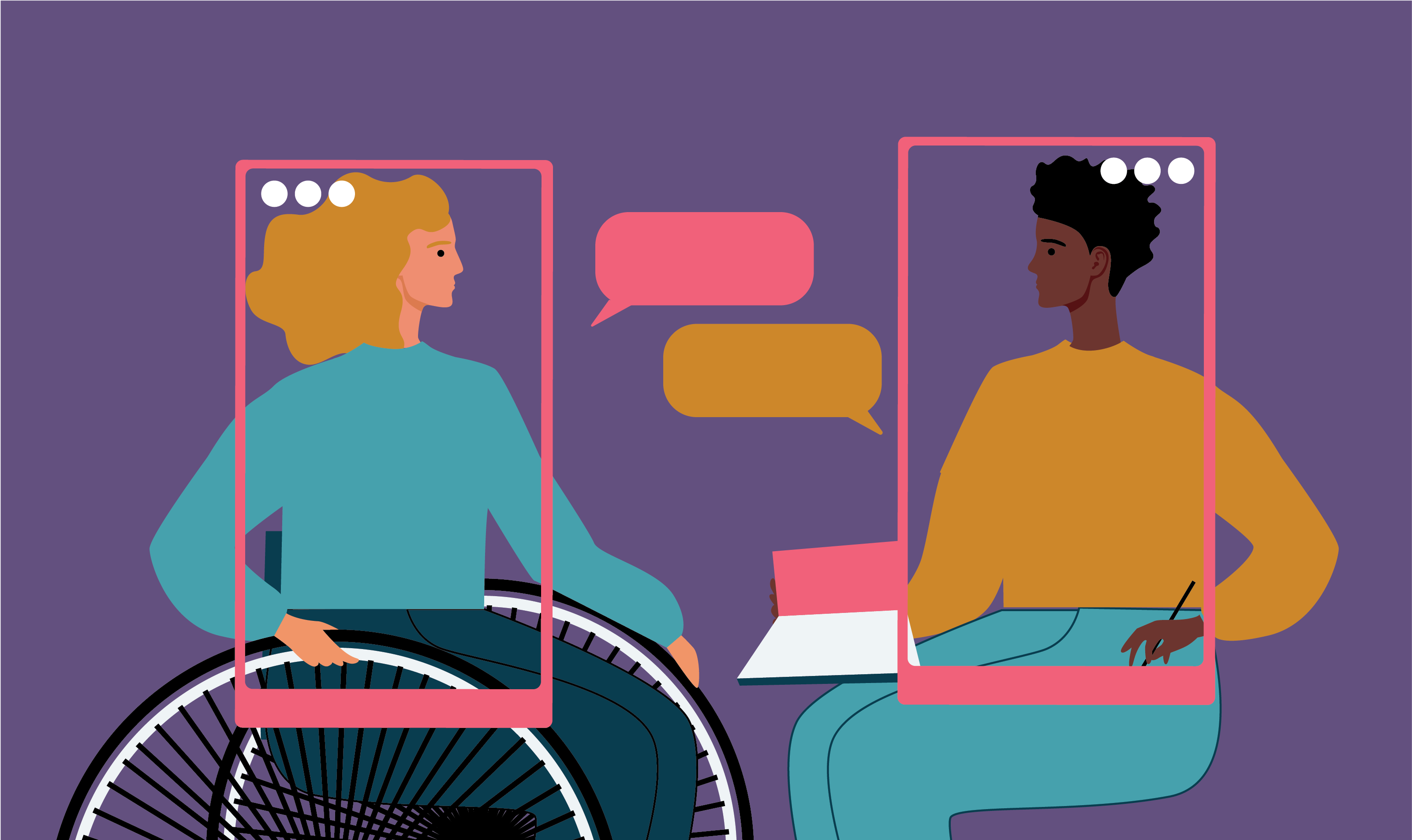 Illustrated image of two people. One is in a wheelchair and the other is holding a laptop and a pen. 