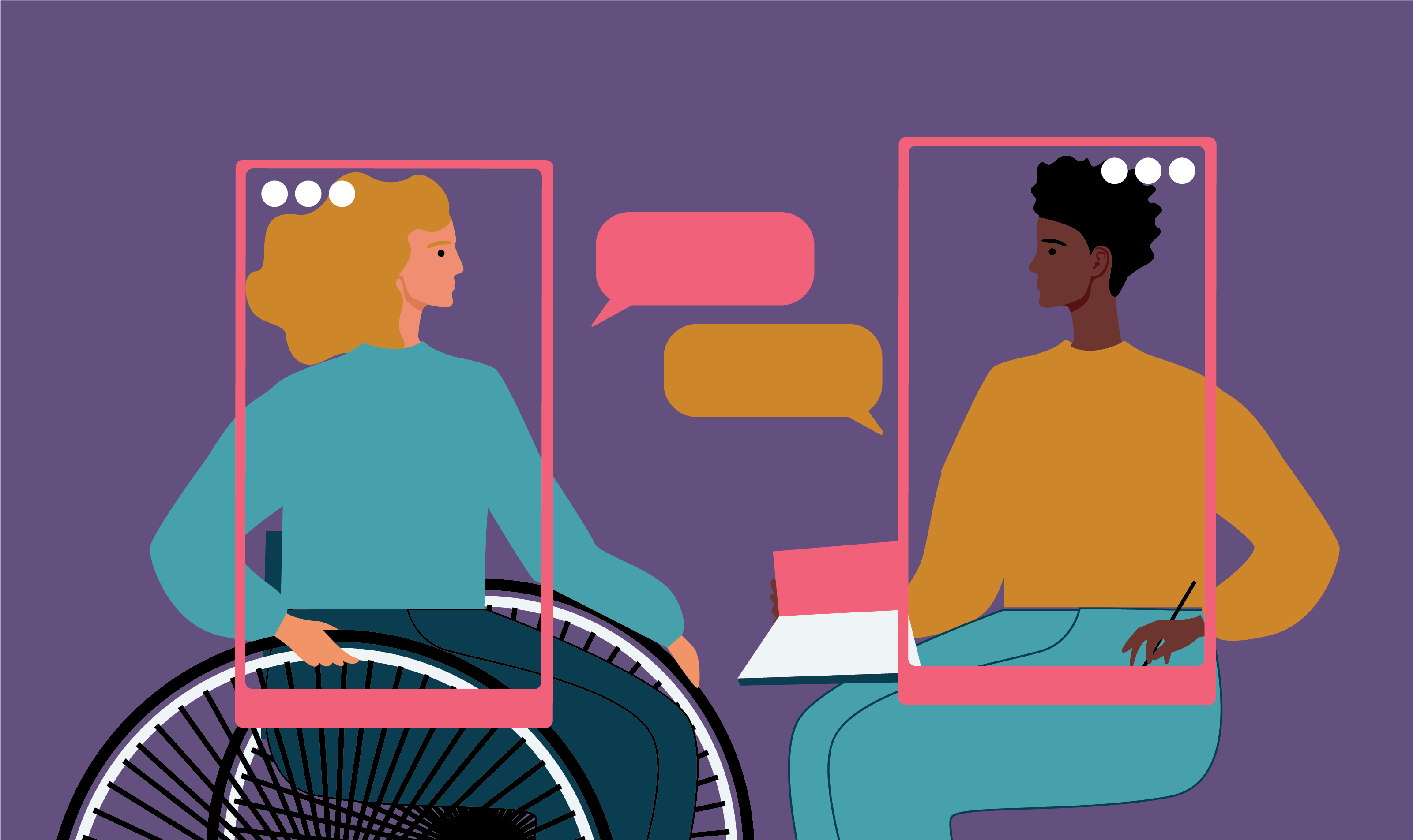 Illustrated image of two people. One is in a wheelchair and the other is holding a laptop and a pen. Illustrated image of two people. One is in a wheelchair and the other is holding a laptop and a pen.