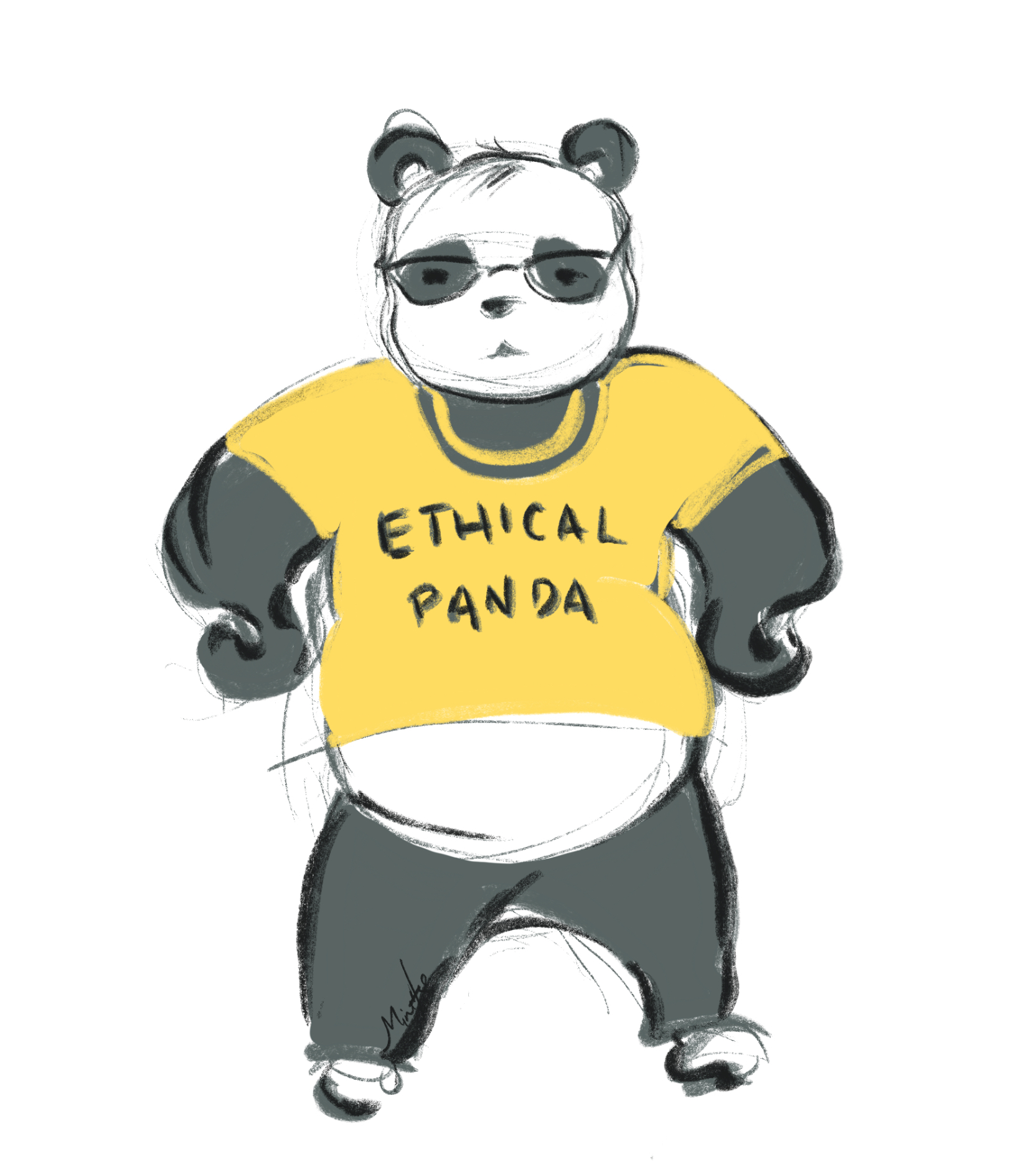 Sketch of a standing panda bear, hands on hips, with black eye-glasses and yellow t-shirt that says ethical panda
