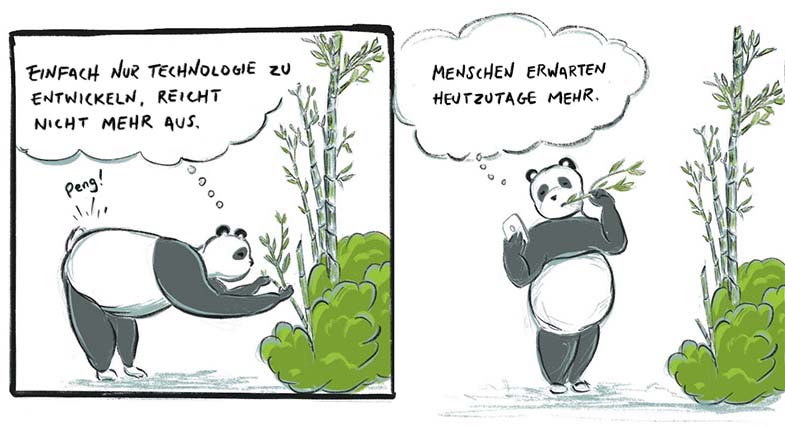 Panda picks branch from bush. A ping sounds from his pocket. He bites branch and looks at his cell phone. “Pete thinks, “Building tech for tech’s sake isn’t good enough anymore These days, people expect more.”